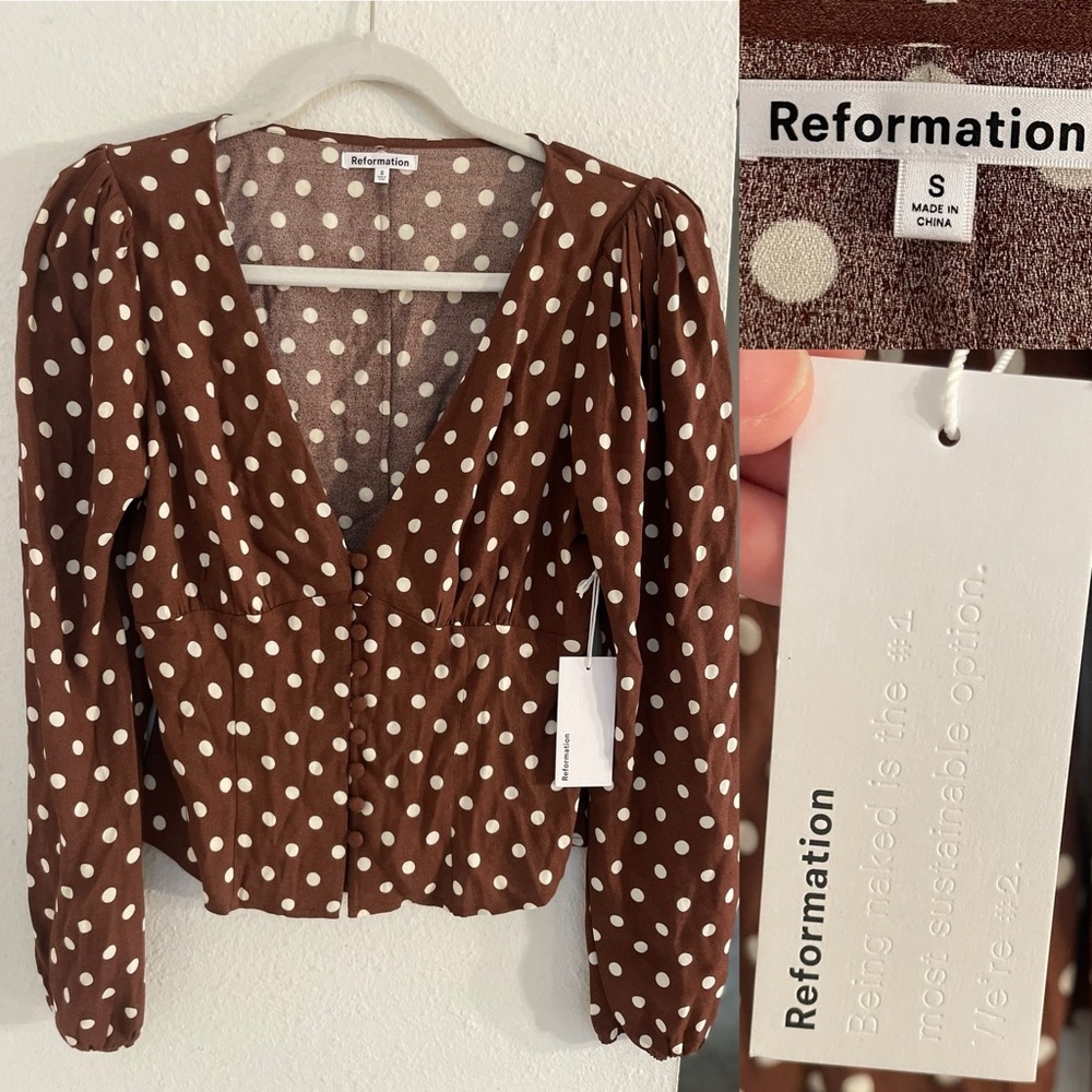 NWT Reformation brown white polka dot blouse